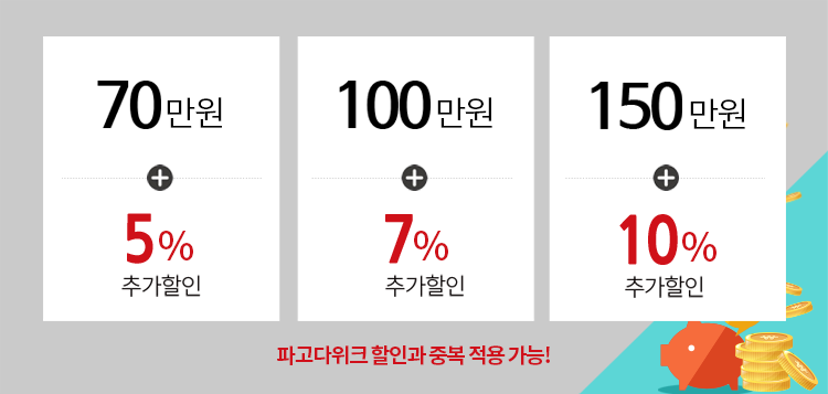 70만원 + 5% 추가 할인, 100만원 + 7% 추가 할인, 150만원 + 10% 추가 할인, 파고다위크 할인과 중복 적용 가능!