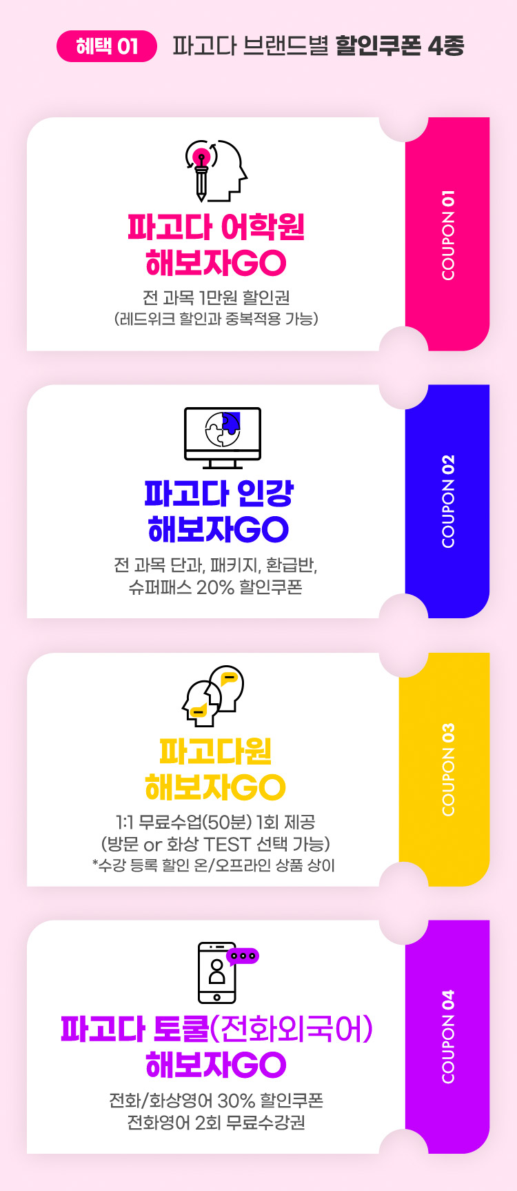 혜택1 파고다 브랜드별 할인쿠폰 4종
