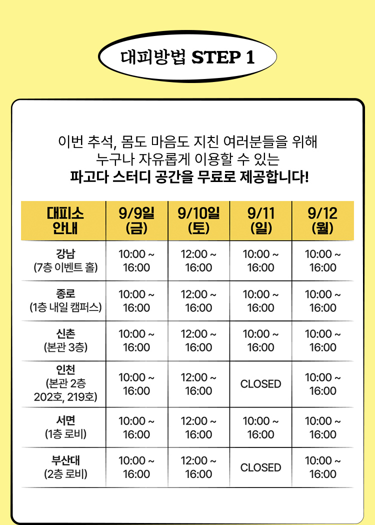 대피방법 STEP1, 이번추석, 몸도 마음도 지친 여러분들을 위해 누구나 자유롭게 이용할 수 있는 파고다 스터디 공간을 무료로 제공합니다!