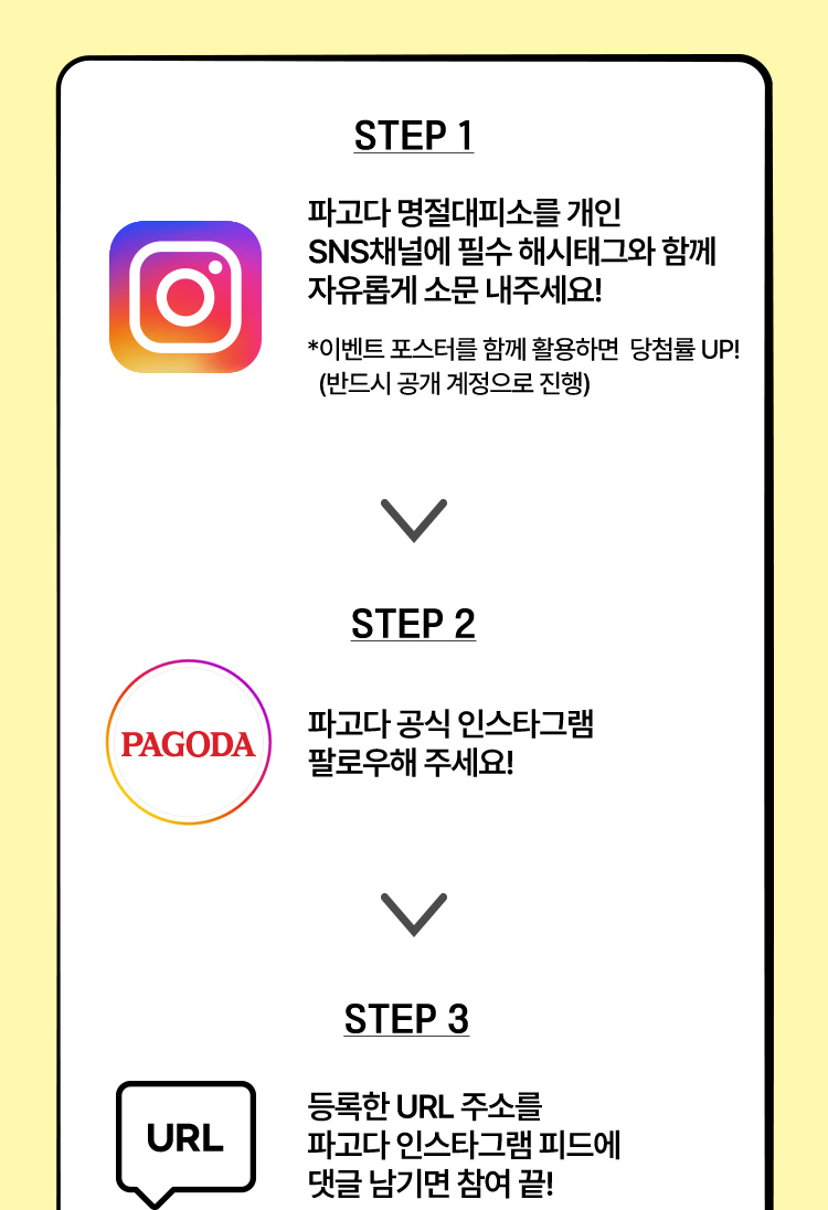 파고다 명질대피소를 개인 SNS채널에 필수 해시태그와 함께 자유롭게 소문 내주세요! 파고다공식 인스타그램 팔로우해 주세요! 등록한 URL 주소를 파고다 인스타그램 피드에 댓글 남기는 참여 끝!