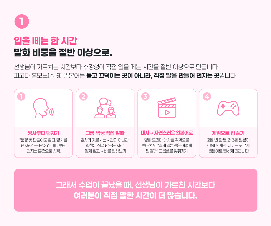 입을 떼는 한 시간 발화 비중을 절반 이상으로.