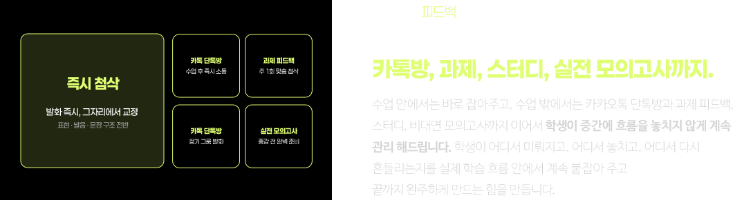 수업만 하고 끝내지 않습니다. 카톡방, 과제, 스터디, 실전 모의고사까지.