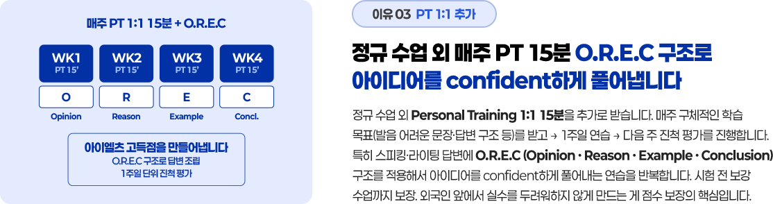 정규 수업 외 매주 pt 15분 OREC 구조로 아이디어를 confident하게 풀어냅니다